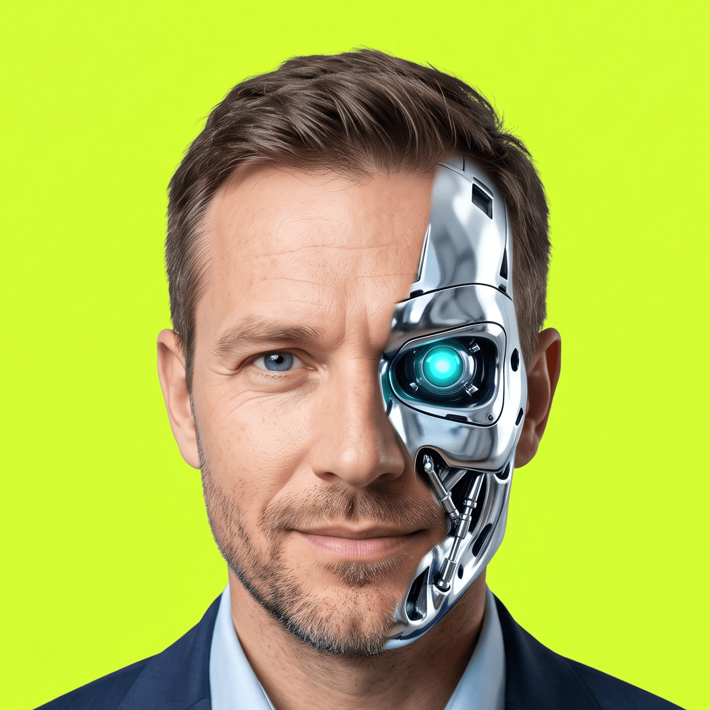 Bruno, dargestellt als Mensch mit einer robotischen Gesichtshälfte